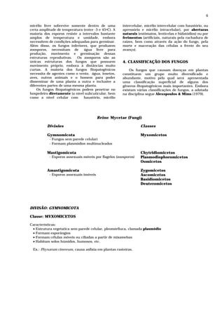 6

micélio livre sobrevive somente dentro de uma         intercelular, micélio intercelular com haustório, ou
certa amplitude de temperatura (entre -5 e 45oC). A   apressório e micélio intracelular), por aberturas
maioria dos esporos resiste a intervalos bastante     naturais (estômatos, lenticelas e hidatódios) ou por
amplos de temperatura e umidade, embora               ferimentos (artificiais, naturais pela rachadura de
necessitem de condições adequadas para germinar.      raízes, bem como através da ação do fungo, pela
Além disso, os fungos inferiores, que produzem        morte e maceração das células a frente do seu
zoosporos, necessitam de       água livre para        avanço).
produção, movimento e germinação dessas
estruturas reprodutivas.   Os zoosporos são as
únicas estruturas dos fungos que possuem              4. CLASSIFICAÇÃO DOS FUNGOS
movimento próprio, embora à distâncias muito
curtas. A maioria dos fungos fitopatogênicos              Os fungos que causam doenças em plantas
necessita de agentes como o vento, água, insetos,     constituem um grupo muito diversificado e
aves, outros animais e o homem para poder             abundante, motivo pelo qual será apresentada
disseminar de uma planta a outra e inclusive a        uma classificação superficial de alguns dos
diferentes partes de uma mesma planta.                gêneros fitopatogênicos mais importantes. Embora
    Os fungos fitopatogênicos podem penetrar no       existam várias classificações de fungos, a adotada
hospedeiro diretamente (a nível subcuticular, bem     na disciplina segue Alexopoulos & Mims (1979).
como a nível celular com       haustório, micélio




                                         Reino: Mycetae (Fungi)

          Divisões                                               Classes

          Gymnomicota                                            Myxomicetos
           - Fungos sem parede celular)
           - Formam plasmódios multinucleados

          Mastigomicota                                          Chytridiomicetos
           - Esporos assexuais móveis por flagelos (zoosporos)   Plasmodiophoromicetos
                                                                 Oomicetos

          Amastigomicota                                         Zygomicetos
           - Esporos assexuais imóveis                           Ascomicetos
                                                                 Basidiomicetos
                                                                 Deuteromicetos




DIVISÃO: GYMNOMICOTA

Classe: MYXOMICETOS

Características:
 • Estrutura vegetatica sem parede celular, pleomórfiuca, clamada plasmódio
 • Formam esporângios
 • Formam células móveis ou ciliadas a partir de mixamebas
 • Habitam solos húmidos, humosos, etc.

 Ex.: Physarum cinereum, causa asfixia em plantas rasteiras.
 