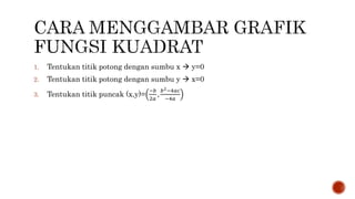 1. Tentukan titik potong dengan sumbu x  y=0
2. Tentukan titik potong dengan sumbu y  x=0
3. Tentukan titik puncak (x,y)=
−𝑏
2𝑎
,
𝑏2−4𝑎𝑐
−4𝑎
 