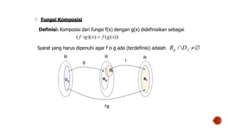 B. Fungsi Komposisi
Definisi: Komposisi dari fungsi f(x) dengan g(x) didefinisikan sebagai
( f ∘g)(x)  f (g(x))
Syarat yang harus dipenuhi agar f o g ada (terdefinisi) adalah Rg ∩Df 
R R R
g f
f○
g
Dg
Rg Rf
Df
25
 