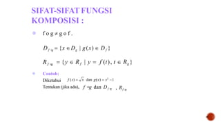 SIFAT-SIFATFUNGSI
KOMPOSISI :
26
 f o g  g o f .
D f ∘g  {x Dg | g(x)  D f }
 Contoh:
Diketahui
Tentukan (jika ada),
f (x)  x dan g(x)  x2
1
 {y  Rf | y  f (t), t  Rg }
Rf ∘g
, Rf ∘
g
f ∘g dan Df ∘
g
 
