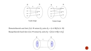 Domain/daerah asal dari 𝑓 𝑥  notasi 𝐷𝑓 yaitu 𝐷𝑓 = 𝑥 ∈ ℝ 𝑓 𝑥 ∈ ℝ
Range/daerah hasil dari 𝑓(𝑥)  notasi 𝑅𝑓 yaitu 𝑅𝑓 = 𝑓 𝑥 ∈ ℝ 𝑥 ∈ 𝐷𝑓
 