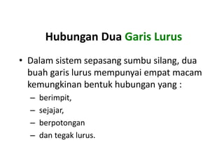 Hubungan Dua Garis Lurus 
• Dalam sistem sepasang sumbu silang, dua 
buah garis lurus mempunyai empat macam 
kemungkinan bentuk hubungan yang : 
– berimpit, 
– sejajar, 
– berpotongan 
– dan tegak lurus. 
 