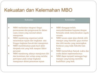 Kekuatan dan Kelemahan MBO
Kekuatan Kelemahan
 MBO melakukan integrasi fungsi
perencanaan dan pengawasan ke dalam
suatu sistem yang rasional dalam
manajemen
 MBO mendorong organisasi untuk
menentukan tujuan dari tingkatan atas
hingga tingkatan bawah dari manajemen
 MBO memfokuskan pada hasil akhir
daripada niat yang baik maupun faktor
personal.
 MBO mendorong adanya manajemen diri
dan komitmen dari setiap orang melalui
partisipasi pada setiap tingkatan
manajemen dalam penentuan tujuan
 MBO dianggap terlalu
menyederhanakan kegiatan dengan
berusaha untuk menyelesaikan segala
sesuatu.
 MBO secara cepat akan ditolak oleh
manajer yang memiliki gaya otoriter
dan oleh mereka yang menerapkan
birokrasi yang tidak fleksibel dan
ketat.
 MBO memerlukan banyak waktu dan
usaha dalam implementasinya
 MBO dapat menjadi tantangan bagi
manajer yang kurang memiliki
kualifikasi yang baik.
 