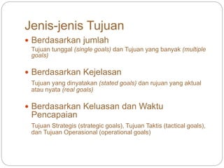 Jenis-jenis Tujuan
 Berdasarkan jumlah
Tujuan tunggal (single goals) dan Tujuan yang banyak (multiple
goals)
 Berdasarkan Kejelasan
Tujuan yang dinyatakan (stated goals) dan rujuan yang aktual
atau nyata (real goals)
 Berdasarkan Keluasan dan Waktu
Pencapaian
Tujuan Strategis (strategic goals), Tujuan Taktis (tactical goals),
dan Tujuan Operasional (operational goals)
 