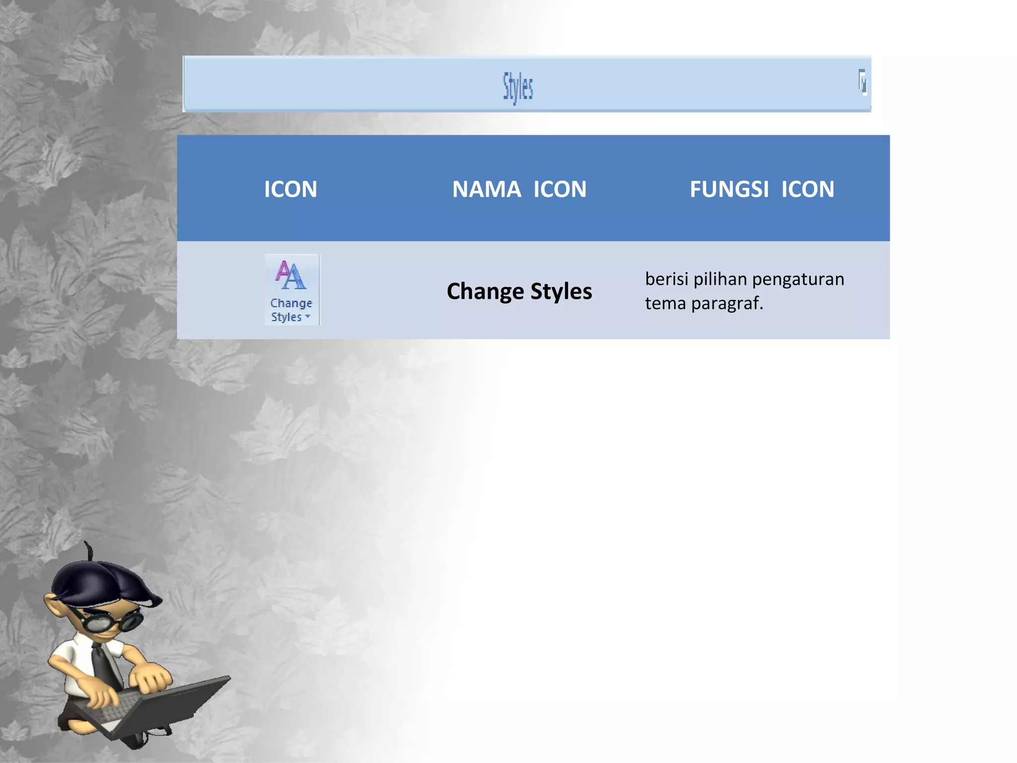 ICON   NAMA ICON            FUNGSI ICON


                       berisi pilihan pengaturan
       Change Styles   tema paragraf.
 