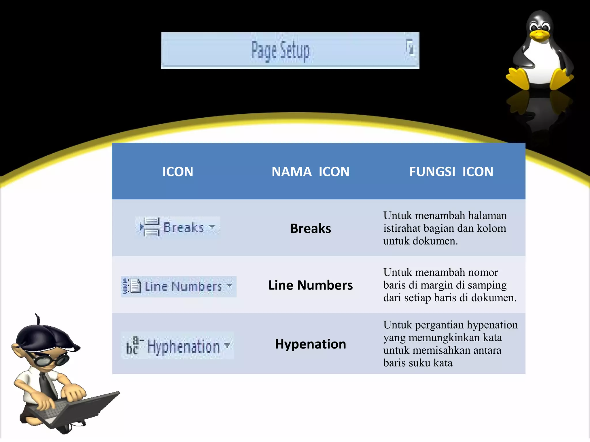 ICON   NAMA ICON           FUNGSI ICON

                      Untuk menambah halaman
          Breaks      istirahat bagian dan kolom
                      untuk dokumen.

                      Untuk menambah nomor
       Line Numbers   baris di margin di samping
                      dari setiap baris di dokumen.

                      Untuk pergantian hypenation
                      yang memungkinkan kata
       Hypenation     untuk memisahkan antara
                      baris suku kata
 