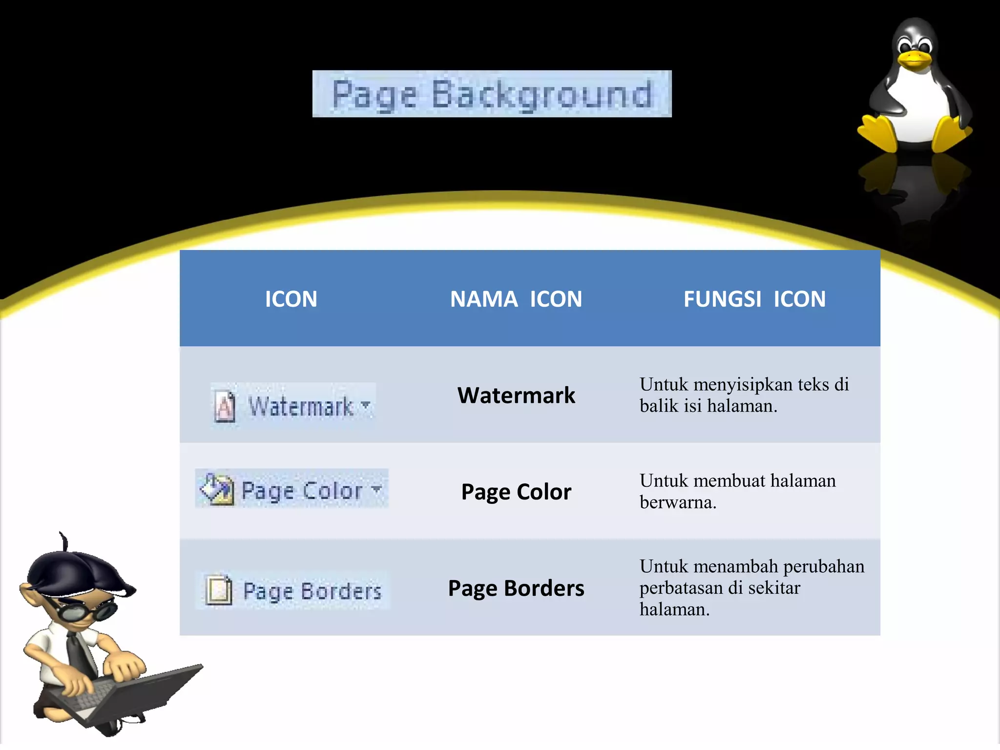 ICON   NAMA ICON           FUNGSI ICON


                      Untuk menyisipkan teks di
       Watermark      balik isi halaman.


                      Untuk membuat halaman
        Page Color    berwarna.


                      Untuk menambah perubahan
       Page Borders   perbatasan di sekitar
                      halaman.
 