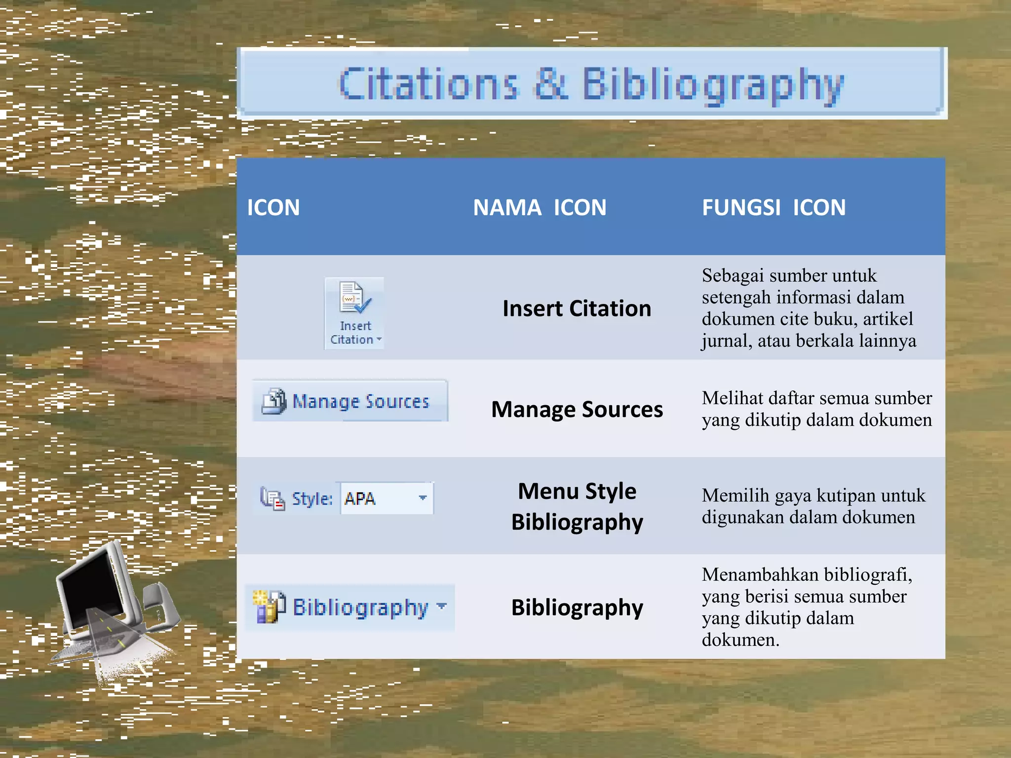ICON   NAMA ICON          FUNGSI ICON

                          Sebagai sumber untuk
                          setengah informasi dalam
        Insert Citation   dokumen cite buku, artikel
                          jurnal, atau berkala lainnya

                          Melihat daftar semua sumber
        Manage Sources    yang dikutip dalam dokumen


         Menu Style       Memilih gaya kutipan untuk
         Bibliography     digunakan dalam dokumen

                          Menambahkan bibliografi,
                          yang berisi semua sumber
         Bibliography     yang dikutip dalam
                          dokumen.
 
