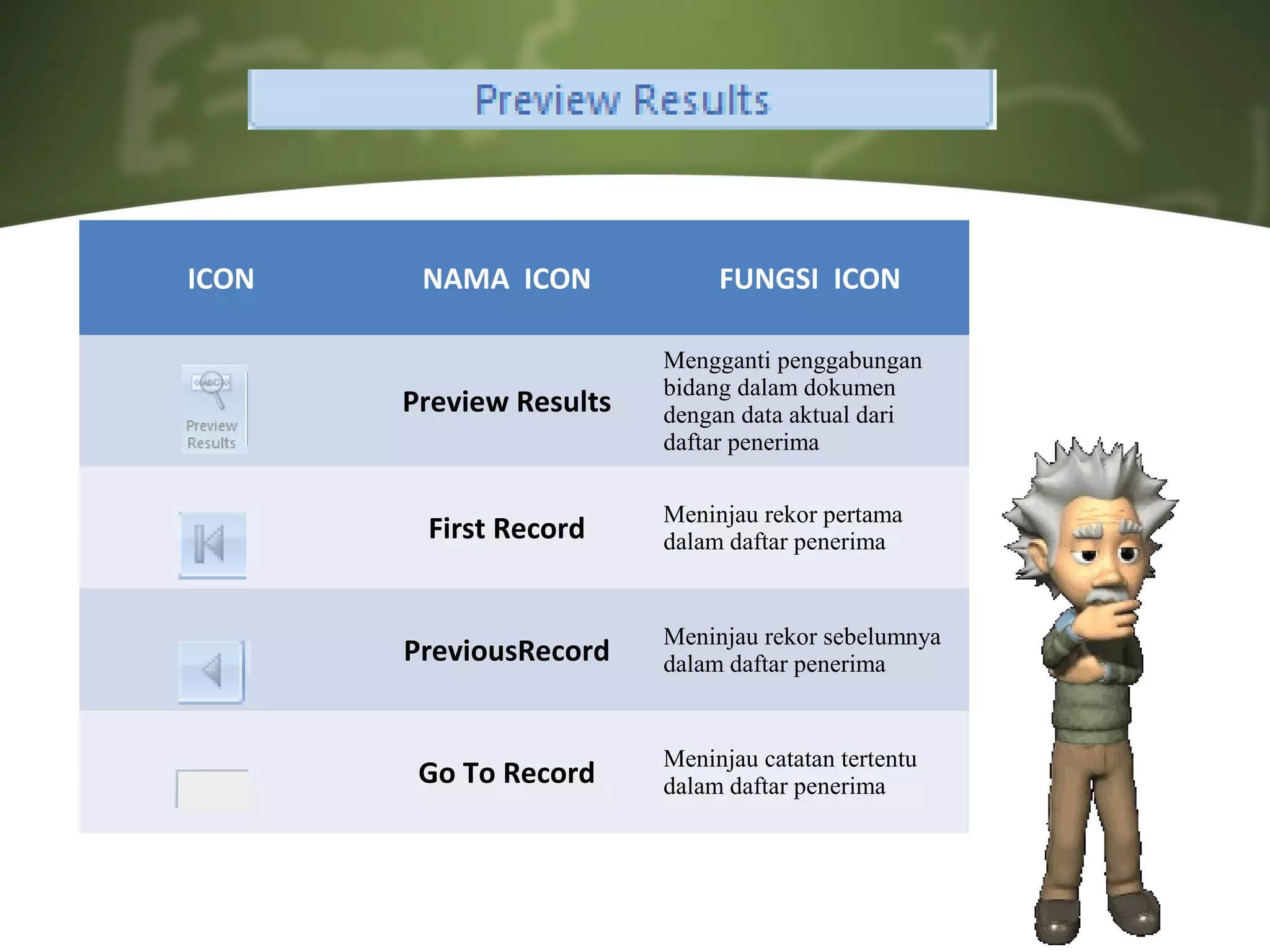 ICON    NAMA ICON             FUNGSI ICON

                         Mengganti penggabungan
                         bidang dalam dokumen
       Preview Results   dengan data aktual dari
                         daftar penerima

                         Meninjau rekor pertama
        First Record     dalam daftar penerima


                         Meninjau rekor sebelumnya
       PreviousRecord    dalam daftar penerima


                         Meninjau catatan tertentu
        Go To Record     dalam daftar penerima
 