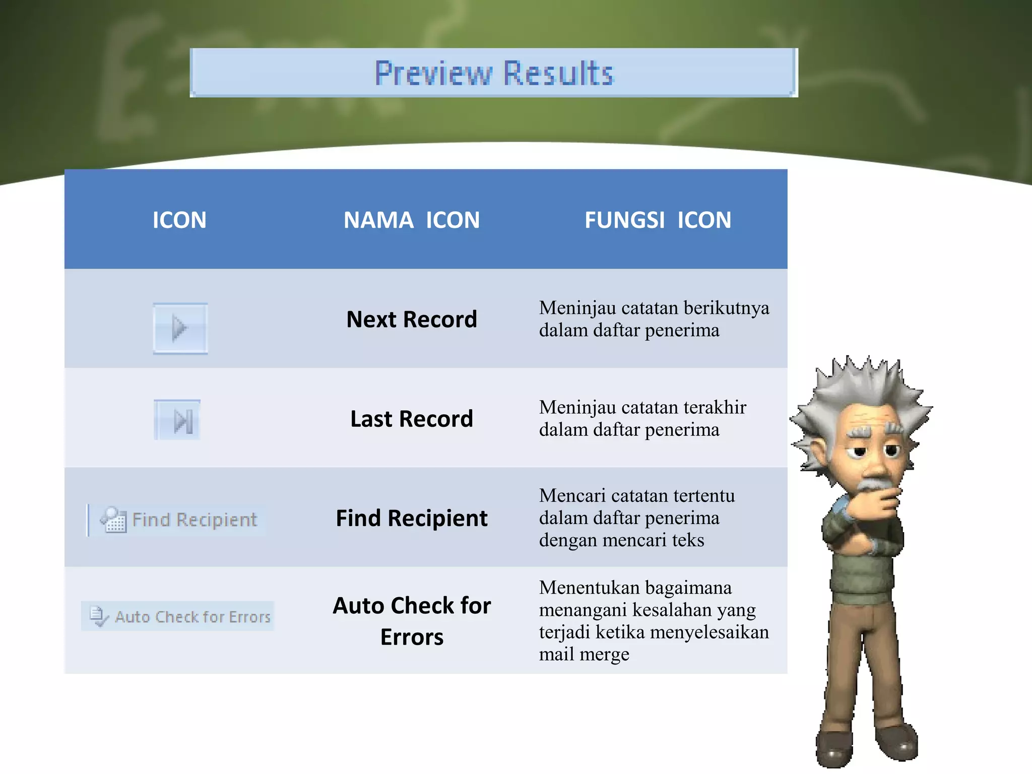 ICON   NAMA ICON             FUNGSI ICON


                        Meninjau catatan berikutnya
        Next Record     dalam daftar penerima


                        Meninjau catatan terakhir
        Last Record     dalam daftar penerima


                        Mencari catatan tertentu
       Find Recipient   dalam daftar penerima
                        dengan mencari teks

                        Menentukan bagaimana
       Auto Check for   menangani kesalahan yang
           Errors       terjadi ketika menyelesaikan
                        mail merge
 