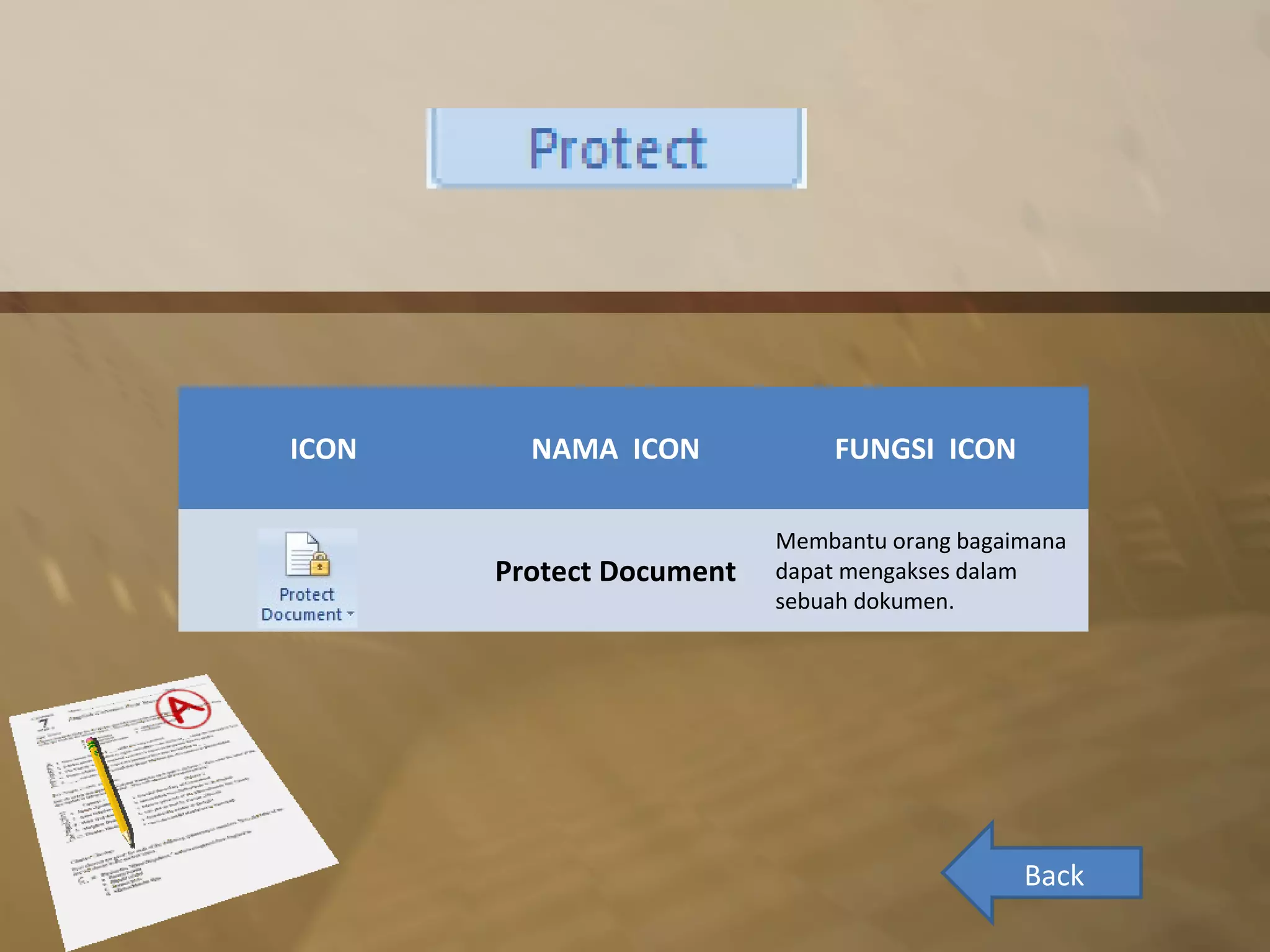 ICON     NAMA ICON            FUNGSI ICON

                          Membantu orang bagaimana
       Protect Document   dapat mengakses dalam
                          sebuah dokumen.




                                              Back
 