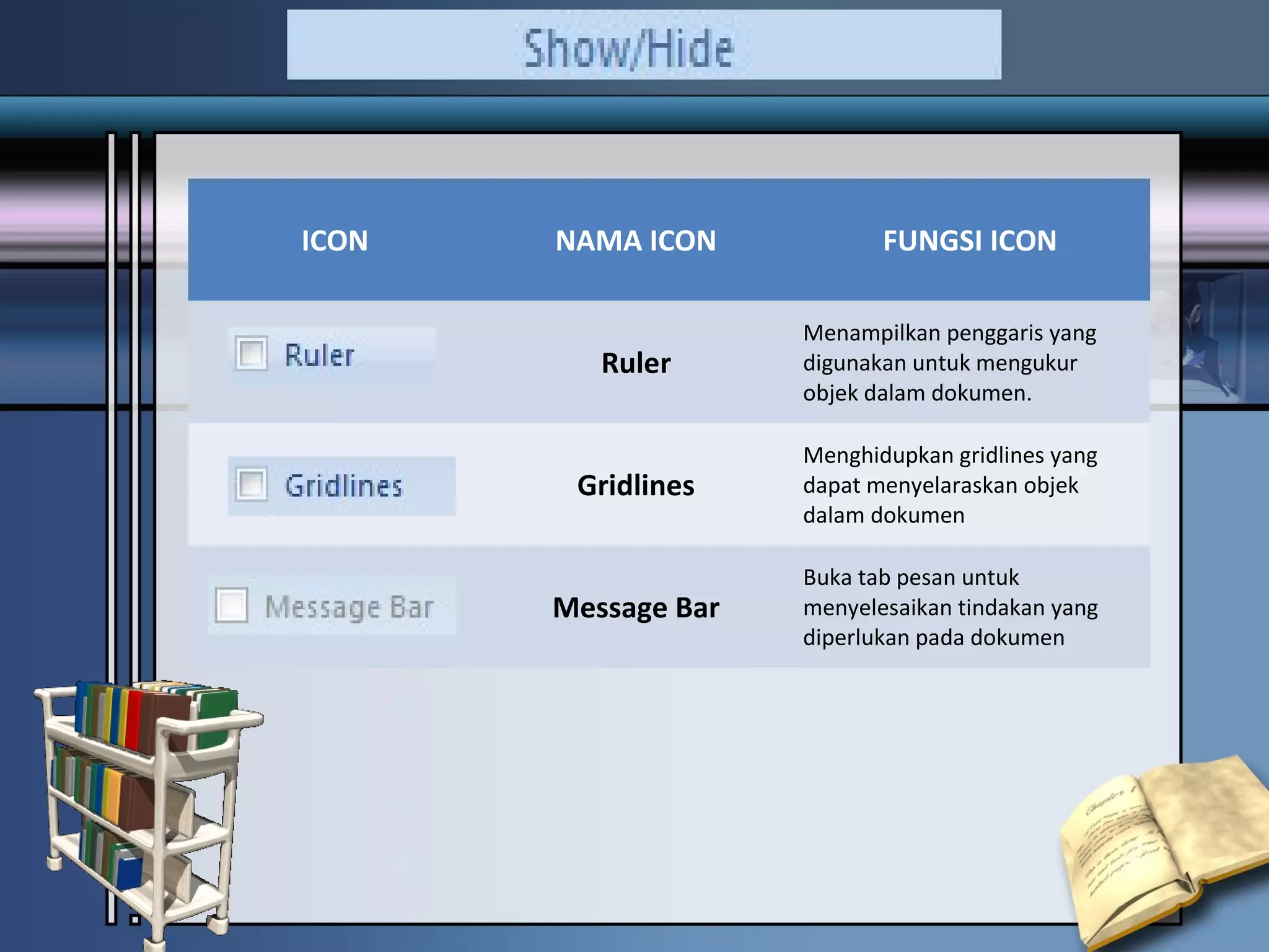 ICON   NAMA ICON            FUNGSI ICON

                     Menampilkan penggaris yang
          Ruler      digunakan untuk mengukur
                     objek dalam dokumen.

                     Menghidupkan gridlines yang
        Gridlines    dapat menyelaraskan objek
                     dalam dokumen

                     Buka tab pesan untuk
       Message Bar   menyelesaikan tindakan yang
                     diperlukan pada dokumen
 