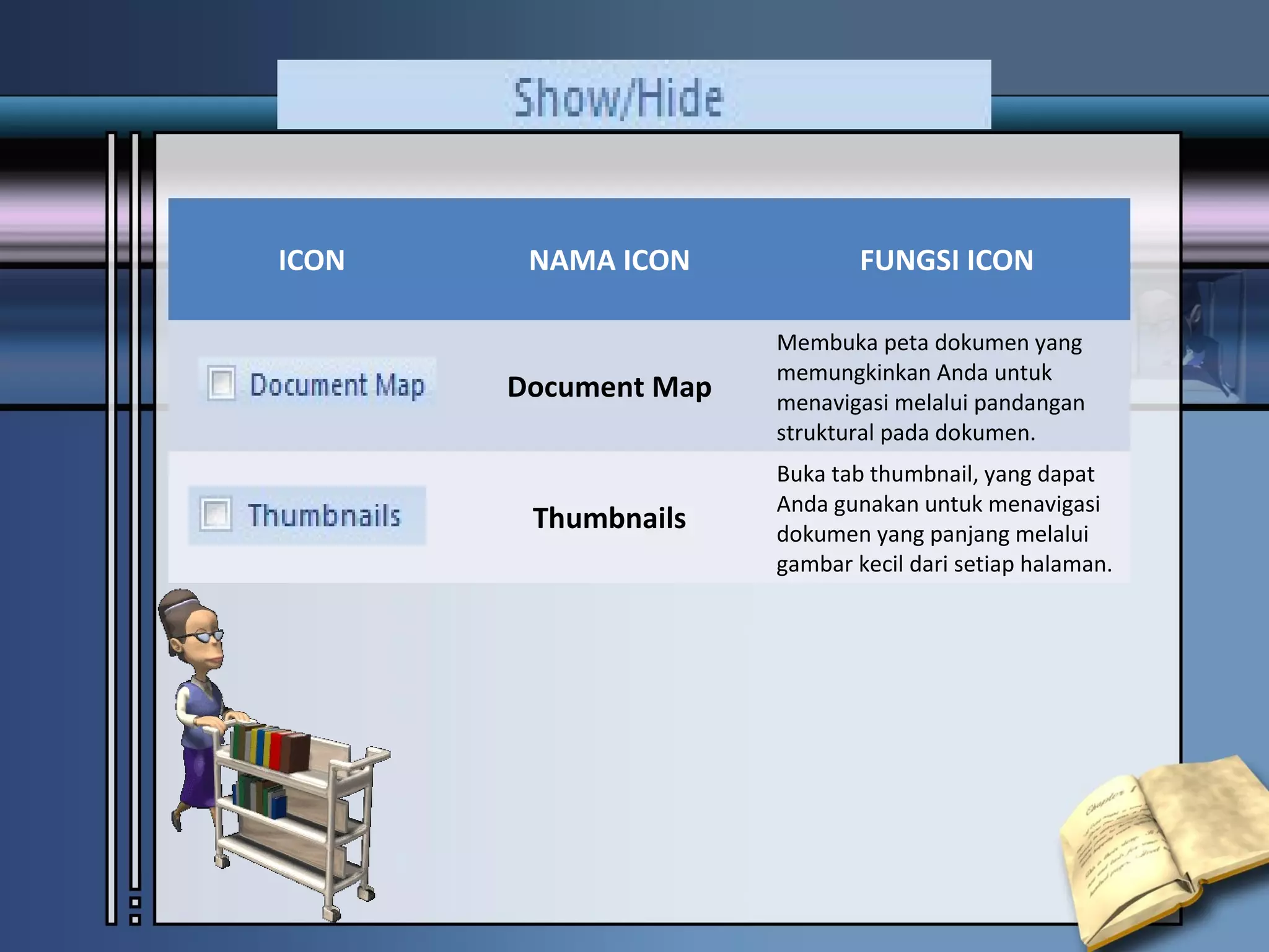 ICON    NAMA ICON             FUNGSI ICON

                      Membuka peta dokumen yang
                      memungkinkan Anda untuk
       Document Map   menavigasi melalui pandangan
                      struktural pada dokumen.
                      Buka tab thumbnail, yang dapat
                      Anda gunakan untuk menavigasi
        Thumbnails    dokumen yang panjang melalui
                      gambar kecil dari setiap halaman.
 