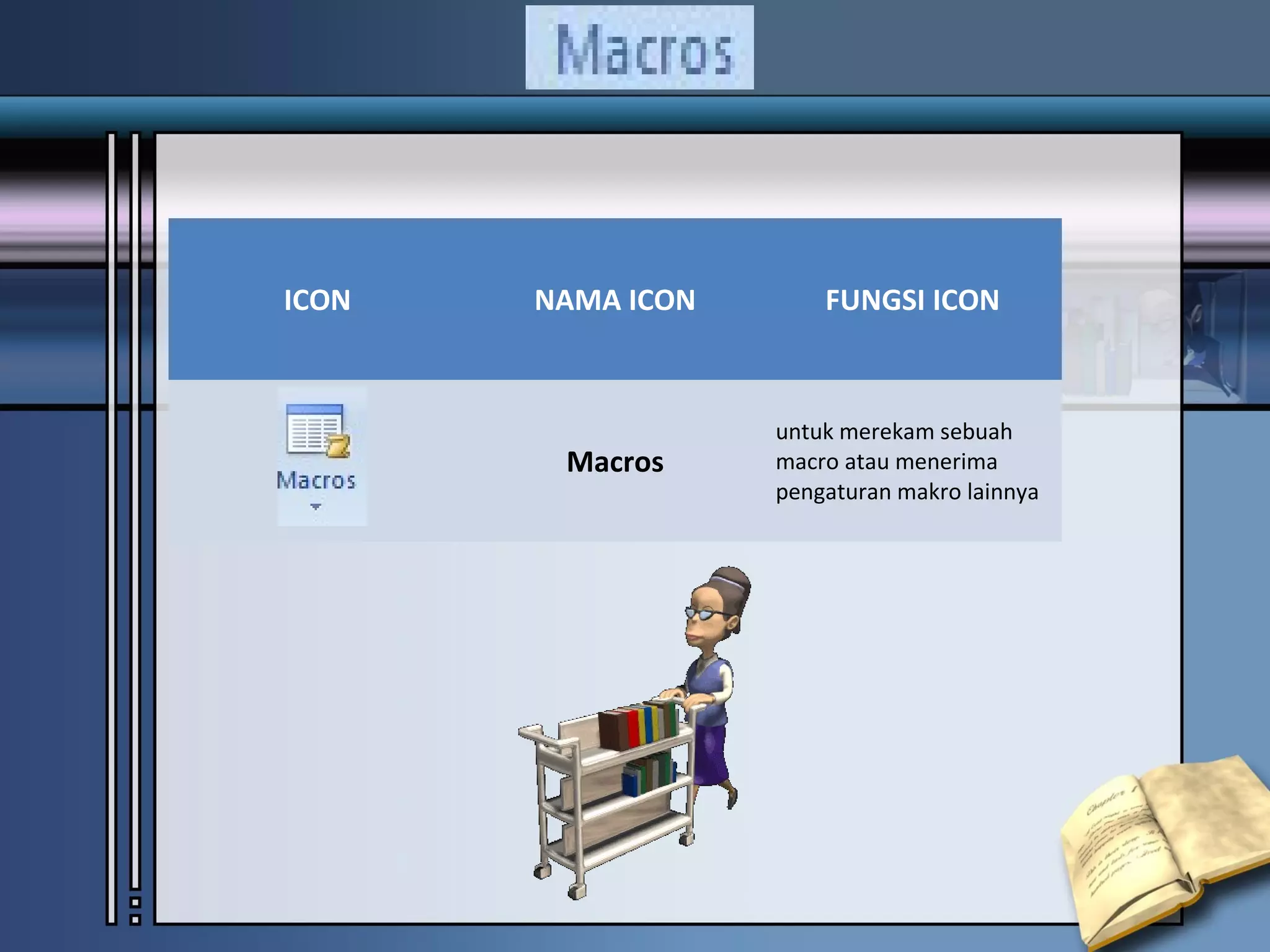 ICON   NAMA ICON       FUNGSI ICON



                   untuk merekam sebuah
        Macros     macro atau menerima
                   pengaturan makro lainnya
 