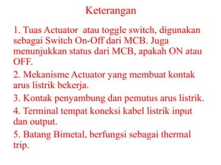 Keterangan
1. Tuas Actuator atau toggle switch, digunakan
sebagai Switch On-Off dari MCB. Juga
menunjukkan status dari MCB, apakah ON atau
OFF.
2. Mekanisme Actuator yang membuat kontak
arus listrik bekerja.
3. Kontak penyambung dan pemutus arus listrik.
4. Terminal tempat koneksi kabel listrik input
dan output.
5. Batang Bimetal, berfungsi sebagai thermal
trip.
 