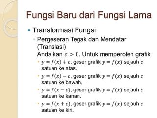 Fungsi Baru dari Fungsi Lama
 Transformasi Fungsi
◦ Pergeseran Tegak dan Mendatar
(Translasi)
Andaikan 𝑐 > 0. Untuk memperoleh grafik
 𝑦 = 𝑓 𝑥 + 𝑐, geser grafik 𝑦 = 𝑓(𝑥) sejauh 𝑐
satuan ke atas.
 𝑦 = 𝑓 𝑥 − 𝑐, geser grafik 𝑦 = 𝑓(𝑥) sejauh 𝑐
satuan ke bawah.
 𝑦 = 𝑓(𝑥 − 𝑐), geser grafik 𝑦 = 𝑓(𝑥) sejauh 𝑐
satuan ke kanan.
 𝑦 = 𝑓(𝑥 + 𝑐), geser grafik 𝑦 = 𝑓(𝑥) sejauh 𝑐
satuan ke kiri.
 