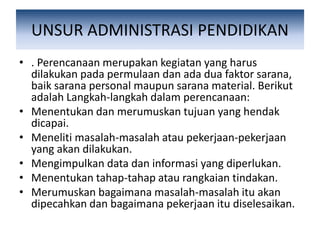 UNSUR ADMINISTRASI PENDIDIKAN
• . Perencanaan merupakan kegiatan yang harus
dilakukan pada permulaan dan ada dua faktor sarana,
baik sarana personal maupun sarana material. Berikut
adalah Langkah-langkah dalam perencanaan:
• Menentukan dan merumuskan tujuan yang hendak
dicapai.
• Meneliti masalah-masalah atau pekerjaan-pekerjaan
yang akan dilakukan.
• Mengimpulkan data dan informasi yang diperlukan.
• Menentukan tahap-tahap atau rangkaian tindakan.
• Merumuskan bagaimana masalah-masalah itu akan
dipecahkan dan bagaimana pekerjaan itu diselesaikan.
 
