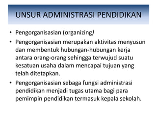 UNSUR ADMINISTRASI PENDIDIKAN
• Pengorganisasian (organizing)
• Pengorganisasian merupakan aktivitas menyusun
dan membentuk hubungan-hubungan kerja
antara orang-orang sehingga terwujud suatu
kesatuan usaha dalam mencapai tujuan yang
telah ditetapkan.
• Pengorganisasian sebaga fungsi administrasi
pendidikan menjadi tugas utama bagi para
pemimpin pendidikan termasuk kepala sekolah.
 