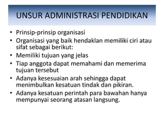 UNSUR ADMINISTRASI PENDIDIKAN
• Prinsip-prinsip organisasi
• Organisasi yang baik hendaklan memiliki ciri atau
sifat sebagai berikut:
• Memiliki tujuan yang jelas
• Tiap anggota dapat memahami dan memerima
tujuan tersebut
• Adanya kesesuaian arah sehingga dapat
menimbulkan kesatuan tindak dan pikiran.
• Adanya kesatuan perintah para bawahan hanya
mempunyai seorang atasan langsung.
 