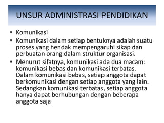 UNSUR ADMINISTRASI PENDIDIKAN
• Komunikasi
• Komunikasi dalam setiap bentuknya adalah suatu
proses yang hendak mempengaruhi sikap dan
perbuatan orang dalam struktur organisasi.
• Menurut sifatnya, komunikasi ada dua macam:
komunikasi bebas dan komunikasi terbatas.
Dalam komunikasi bebas, setiap anggota dapat
berkomunikasi dengan setiap anggota yang lain.
Sedangkan komunikasi terbatas, setiap anggota
hanya dapat berhubungan dengan beberapa
anggota saja
 