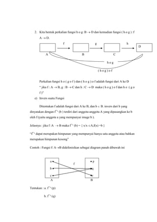 2. Kita bentuk perkalian fungsi h o g: B D dan kemudian fungsi ( h o g ) :f
A D.
f g h
A B C
h o g
( h o g ) o f
Perkalian fungsi h o ( g o f ) dan ( h o g ) o f adalah fungsi dari A ke D
“ jika f : A B, g : B C dan h : C D maka ( h o g ) o f dan h o ( g o
f )”
e) Invers suatu Fungsi
Ditentukan f adalah fungsi dari A ke B, dan b B. invers dari b yang
dinyatakan dengan f¯¹ (b ) terdiri dari anggota-anggota A yang dipasangkan ke b
oleh f (yaitu anggota a yang mempunyai image b ).
Jelasnya : jika f :A B maka f¯¹ (b) = { x/x A,f(x) =b }
“f¯¹ dapat merupakan himpunan yang mempunyai hanya satu anggota atau bahkan
merupakan himpunan kosong”
Contoh : Fungsi f: A B didefenisikan sebagai diagram panah dibawah ini
f
A B
Tentukan : a. f¯¹ (p)
b. f¯¹ (q)
D
a
b
c
p
q
r
 