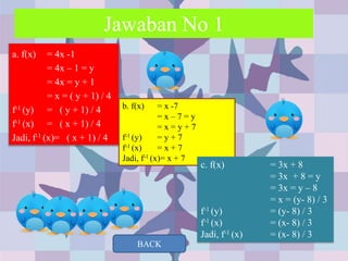 a. f(x) = 4x -1
= 4x – 1 = y
= 4x = y + 1
= x = ( y + 1) / 4
f-1 (y) = ( y + 1) / 4
f-1 (x) = ( x + 1) / 4
Jadi, f-1 (x)= ( x + 1) / 4
b. f(x) = x -7
= x – 7 = y
= x = y + 7
f-1 (y) = y + 7
f-1 (x) = x + 7
Jadi, f-1 (x)= x + 7
Jawaban No 1
c. f(x) = 3x + 8
= 3x + 8 = y
= 3x = y – 8
= x = (y- 8) / 3
f-1 (y) = (y- 8) / 3
f-1 (x) = (x- 8) / 3
Jadi, f-1 (x) = (x- 8) / 3
BACK
 