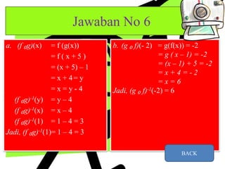 Jawaban No 6
a. (f ₀g)(x) = f (g(x))
= f ( x + 5 )
= (x + 5) – 1
= x + 4= y
= x = y - 4
(f ₀g)-1(y) = y – 4
(f ₀g)-1(x) = x – 4
(f ₀g)-1(1) = 1 – 4 = 3
Jadi, (f ₀g)-1(1)= 1 – 4 = 3
b. (g ₀ f)(- 2) = g(f(x)) = -2
= g ( x – 1) = -2
= (x – 1) + 5 = -2
= x + 4 = - 2
= x = 6
Jadi, (g ₀ f)-1(-2) = 6
BACK
 