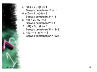 04/29/14 12
c. n(E) = 2 , n(F) = 1
Banyak pemetaan 12
= 1
d. n(G) = 1 , n(H) = 3
Banyak pemetaan 31
= 3
e. n(I) = 2 , n(J) = 2
Banyak pemetaan 22
= 4
f. n(K) = 5 , n(L) = 3
Banyak pemetaan 35
= 243
g. n(M) = 4 , n(N) = 5
Banyak pemetaan 54
= 625
 
