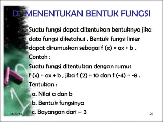 04/29/14 20
D. MENENTUKAN BENTUK FUNGSI
Suatu fungsi dapat ditentukan bentuknya jika
data fungsi diketahui . Bentuk fungsi linier
dapat dirumuskan sebagai f (x) = ax + b .
Contoh :
Suatu fungsi ditentukan dengan rumus
f (x) = ax + b , jika f (2) = 10 dan f (-4) = -8 .
Tentukan :
a. Nilai a dan b
b. Bentuk fungsinya
c. Bayangan dari – 3
 