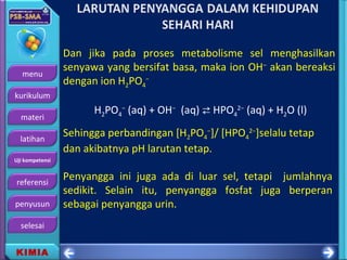 menu
kurikulum
materi
latihan
Uji kompetensi
referensi
penyusun
selesai
KIMIA
Dan jika pada proses metabolisme sel menghasilkan
senyawa yang bersifat basa, maka ion OH–
akan bereaksi
dengan ion H2PO4
−
H2PO4
−
(aq) + OH−
(aq)  HPO4
2−
(aq) + H2O (l)
Sehingga perbandingan [H2PO4
−
]/ [HPO4
2−
]selalu tetap
dan akibatnya pH larutan tetap.
Penyangga ini juga ada di luar sel, tetapi jumlahnya
sedikit. Selain itu, penyangga fosfat juga berperan
sebagai penyangga urin.
 
