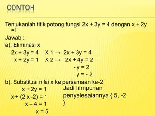 CONTOH
Tentukanlah titik potong fungsi 2x + 3y = 4 dengan x + 2y
=1
Jawab :
a). Eliminasi x
2x + 3y = 4 X 1 → 2x + 3y = 4
x + 2y = 1 X 2 → 2x + 4y = 2
- y = 2
y = - 2
b). Substitusi nilai x ke persamaan ke-2
x + 2y = 1
x + (2 x -2) = 1
x – 4 = 1
x = 5
Jadi himpunan
penyelesaiannya { 5, -2
}
 