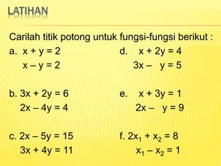 LATIHAN
Carilah titik potong untuk fungsi-fungsi berikut :
a. x + y = 2 d. x + 2y = 4
x – y = 2 3x – y = 5
b. 3x + 2y = 6 e. x + 3y = 1
2x – 4y = 4 2x – y = 9
c. 2x – 5y = 15 f. 2x1 + x2 = 8
3x + 4y = 11 x1 – x2 = 1
 
