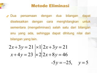  Dua persamaan dengan dua bilangan dapat
diselesaikan dengan cara menghilangkan untuk
sementara (mengeliminasi) salah satu dari bilangan
anu yang ada, sehingga dapat dihitung nilai dari
bilangan yang lain.
5,255
4682
2132
2
1
234
2132







yy-
yx
yx
yx
yx
 