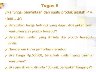 Jika fungsi permintaan dari suatu produk adalah P =
1000 – 4Q
 Berapakah harga tertinggi yang dapat dibayarkan oleh
konsumen atas produk tersebut?
 Berapakah jumlah yang diminta jika produk tersebut
gratis
 Gambarkan kurva permintaan tersebut
 Jika harga Rp.500,00, berapkah jumlah yang diminta
konsumen?
 Jika jumlah yang diminta 100 unit, berapakah harganya?
 