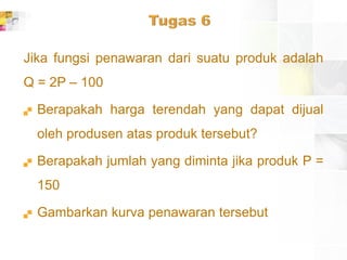 Jika fungsi penawaran dari suatu produk adalah
Q = 2P – 100
 Berapakah harga terendah yang dapat dijual
oleh produsen atas produk tersebut?
 Berapakah jumlah yang diminta jika produk P =
150
 Gambarkan kurva penawaran tersebut
 
