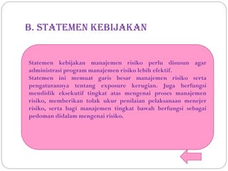 B. Statemen Kebijakan
Statemen kebijakan manajemen risiko perlu disusun agar
administrasi program manajemen risiko lebih efektif.
Statemen ini memuat garis besar manajemen risiko serta
pengaturannya tentang exposure kerugian. Juga berfungsi
mendidik eksekutif tingkat atas mengenai proses manajemen
risiko, memberikan tolak ukur penilaian pelaksanaan menejer
risiko, serta bagi manajemen tingkat bawah berfungsi sebagai
pedoman didalam mengenai risiko.
 