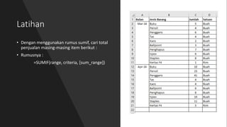 Latihan
• Dengan menggunakan rumus sumif, cari total
penjualan masing-masing item berikut :
• Rumusnya :
=SUMIF(range, criteria, [sum_range])
 