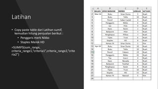Latihan
• Copy paste table dari Latihan sumif,
kemudian hitung penjualan berikut :
• Penggaris merk Nikko
• Staples Merek HD
=SUMIFS(sum_range,
criteria_range1,”criteria1”,criteria_range2,”crite
ria2”)
 