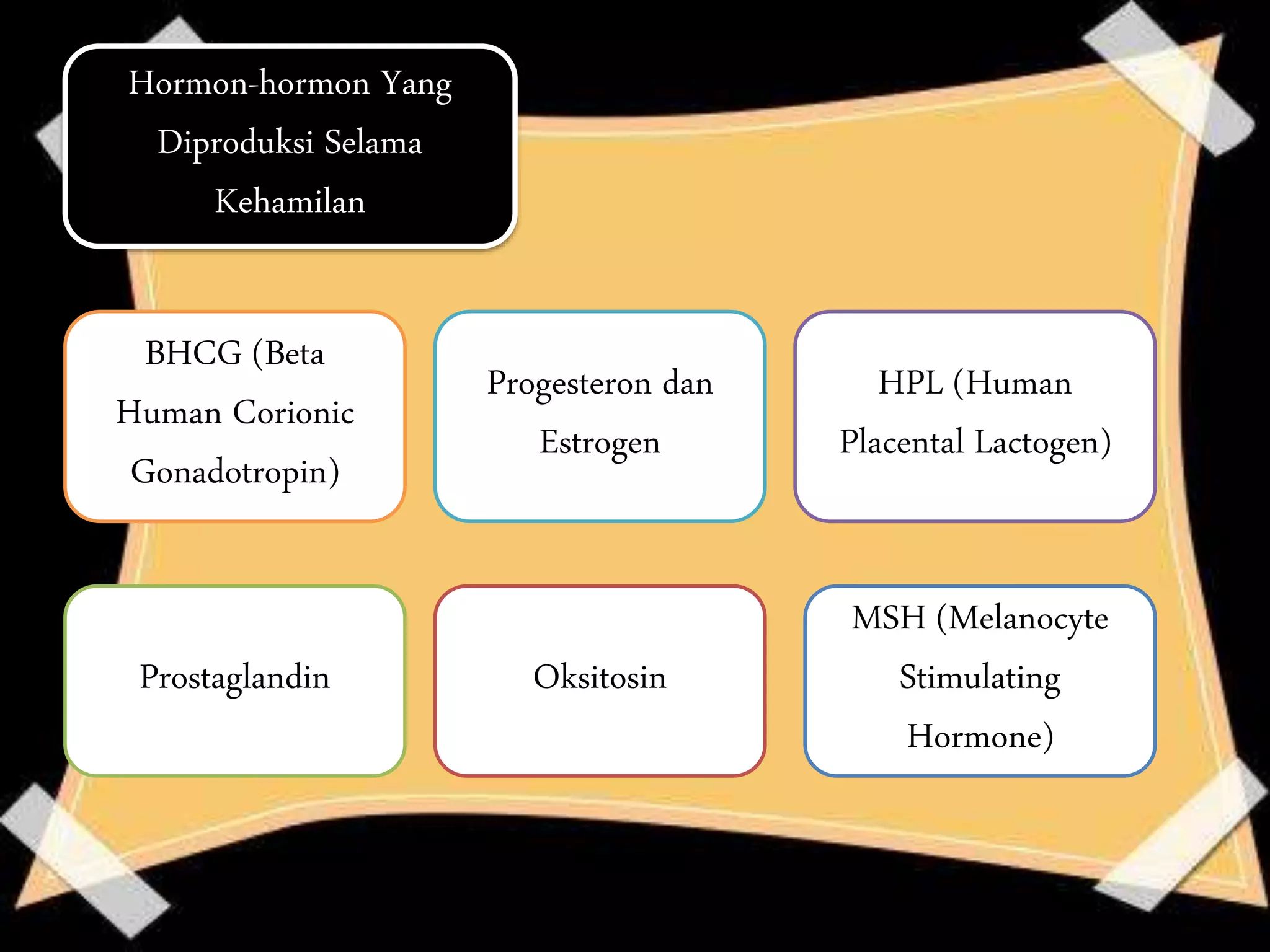 Hormon-hormon Yang
Diproduksi Selama
Kehamilan
BHCG (Beta
Human Corionic
Gonadotropin)
Progesteron dan
Estrogen
HPL (Human
Placental Lactogen)
Prostaglandin Oksitosin
MSH (Melanocyte
Stimulating
Hormone)
 