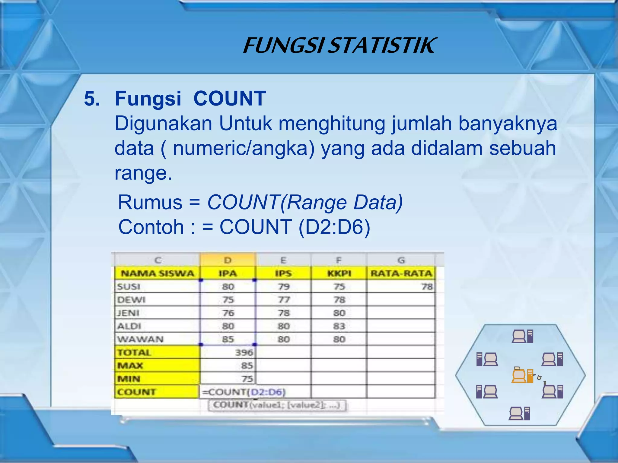 FUNGSISTATISTIK
5. Fungsi COUNT
Digunakan Untuk menghitung jumlah banyaknya
data ( numeric/angka) yang ada didalam sebuah
range.
Rumus = COUNT(Range Data)
Contoh : = COUNT (D2:D6)
 