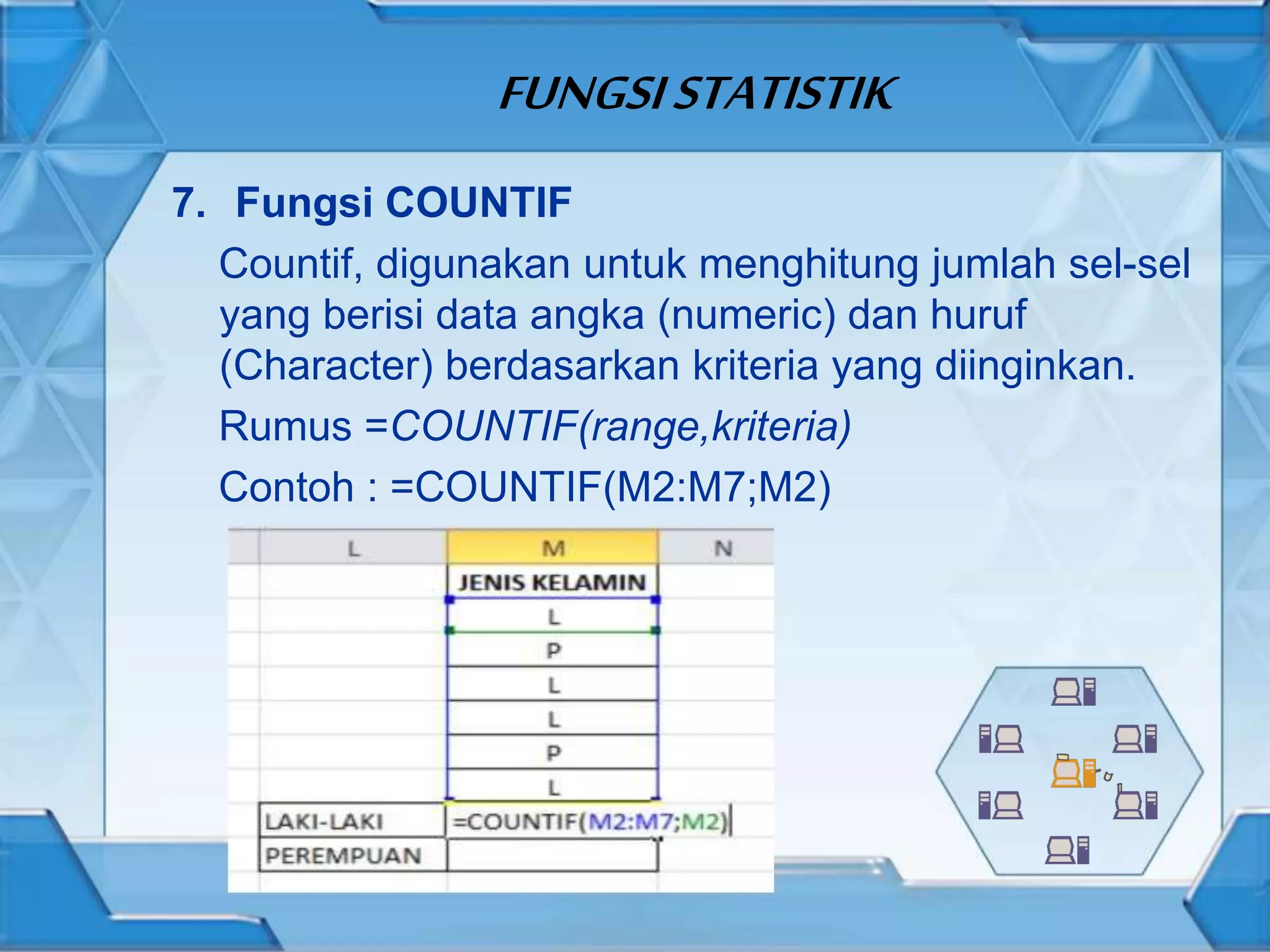 FUNGSISTATISTIK
7. Fungsi COUNTIF
Countif, digunakan untuk menghitung jumlah sel-sel
yang berisi data angka (numeric) dan huruf
(Character) berdasarkan kriteria yang diinginkan.
Rumus =COUNTIF(range,kriteria)
Contoh : =COUNTIF(M2:M7;M2)
 
