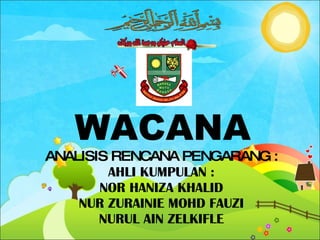 WACANA ANALISIS RENCANA PENGARANG : AHLI KUMPULAN : NOR HANIZA KHALID NUR ZURAINIE MOHD FAUZI NURUL AIN ZELKIFLE 