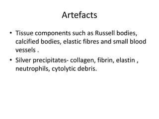 Artefacts
• Tissue components such as Russell bodies,
calcified bodies, elastic fibres and small blood
vessels .
• Silver precipitates- collagen, fibrin, elastin ,
neutrophils, cytolytic debris.
 