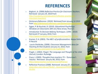 Eliminate any distractions for students - try to make the class an equal learning opportunity for all students. If there is someone misbehaving intervene immediately to avoid further disruptions.2. SPECIALISED KNOWLEDGE CONTENT AND PEDAGOGICAL CONTENT"Making decisions based on knowledge and using that knowledge as a basis for reflection is the core of professionalism.' (Eggen, P: Kauchak, D, 2010, pg 6)Knowing the content and being organized and prepared for each class is essential to being an effective teacher. Having the necessary knowledge will assist you as a teacher.  It will help you meet the demands and challenges of teaching by making beneficial decisions and maximising student learning. To remain a successful and effective teacher, you must have up to date informationand knowledge. This can be maintained by attending seminars and researching new theories of learning,. Technology is rapidly advancing, so to are the cognitive development theories.  