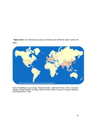 30
Figura 02.3: Os números de casos da Doença de Alzheimer pelo mundo em
2000
Fonte: WorldMaper org and Age Wave Estimates. Michael W Hodin, Ph.D. Executive
Director, Global Coalition on Aging. Adjunct Senior Fellow, Council on Foreign Relations.
GSA Meeting 2012. USA.
 