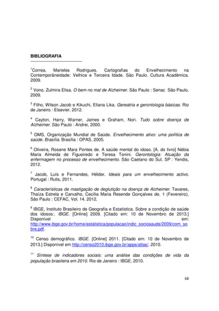 68
BIBLIOGRAFIA
1
Correa, Marieles Rodrigues. Cartografias do Envelhecimento na
Contemporâneidade: Velhice e Terceira Idade. São Paulo. Cultura Acadêmica.
2009.
2
Vono, Zulmira Elisa. O bem no mal de Alzheimer. São Paulo : Senac São Paulo,
2009.
3
Filho, Wilson Jacob e Kikuchi, Eliana Lika. Gereatria e gerontologia básicas. Rio
de Janeiro : Elsevier, 2012.
4
Cayton, Harry, Warner, James e Graham, Nori. Tudo sobre doença de
Alzheimer. São Paulo : Andrei, 2000.
5
OMS, Organização Mundial de Saúde. Envelhecimento ativo: uma política de
saúde. Brasília. Brasília : OPAS, 2005.
6
Oliveira, Rosane Mara Pontes de. A saúde mental do idoso. [A. do livro] Nébia
Maria Almeida de Figueiredo e Teresa Tonini. Gerontologia: Atuação da
enfermagem no processo de envelhecimento. São Caetano do Sul, SP : Yendis,
2012.
7
Jacob, Luís e Fernandes, Hélder. Ideais para um envelhecimento activo.
Portugal : Rutis, 2011.
8
Características de mastigação de deglutição na doença de Alzheimer. Tavares,
Thaíza Estrela e Carvalho, Cecília Maria Resende Gonçalves de. 1 (Fevereiro),
São Paulo : CEFAC, Vol. 14. 2012.
9
IBGE, Instituto Brasileiro de Geografia e Estatística. Sobre a condição de saúde
dos idosos:. IBGE. [Online] 2009. [Citado em: 10 de Novembro de 2013.]
Disponível em:
http://www.ibge.gov.br/home/estatistica/populacao/indic_sociosaude/2009/com_so
bre.pdf.
10
Censo demográfico. IBGE. [Online] 2011. [Citado em: 10 de Novembro de
2013.] Disponível em http://censo2010.ibge.gov.br/apps/atlas/. 2010.
11
Síntese de indicadores sociais: uma análise das condições de vida da
população brasileira em 2010. Rio de Janeiro : IBGE, 2010.
 