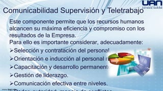 Comunicabilidad Supervisión y Teletrabajo 
Este componente permite que los recursos humanos 
alcancen su máxima eficiencia y compromiso con los 
resultados de la Empresa. 
Para ello es importante considerar, adecuadamente: 
Selección y contratación del personal. 
Orientación e inducción al personal nuevo. 
Capacitación y desarrollo permanente. 
Gestión de liderazgo. 
Comunicación efectiva entre niveles. 
Poder, autoridad, manejo de conflictos. 
 