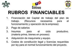 RUBROS  FINANCIABLES <ul><li>Financiación del Capital de trabajo del plan de trabajo. (Recursos necesarios para el funcion...