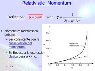 Relativistic  Momentum Momentum Relativistico debera: Ser consistente con la  conservación del   momentum.   Se Reduce a la expression  clasica  para  u << c. 
