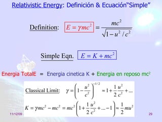 Relativistic Energy : Definición & Ecuación“Simple” Energia TotalE  =   Energia cinetica K   +   Energia en reposo mc 2 